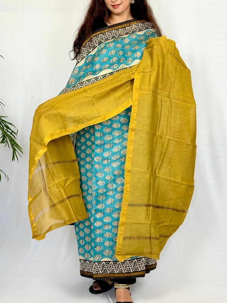 Royal Dusk – Blue & Mustard Yellow Chanderi Silk Cotton Suit Set with Bagru Hand Block Print